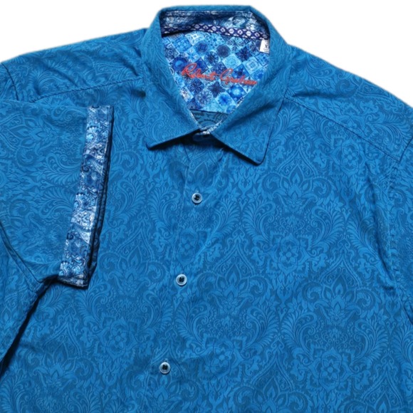 Robert Graham Mens XL Shirt S/S Blue Demask Geometric Paisley Floral Flip‎ Cuff - Picture 14 of 14